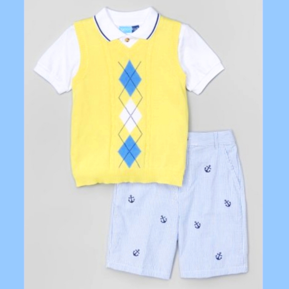 3pc Argyle Sweater Vest, Polo Shirt, & Anchor Shorts Outfit